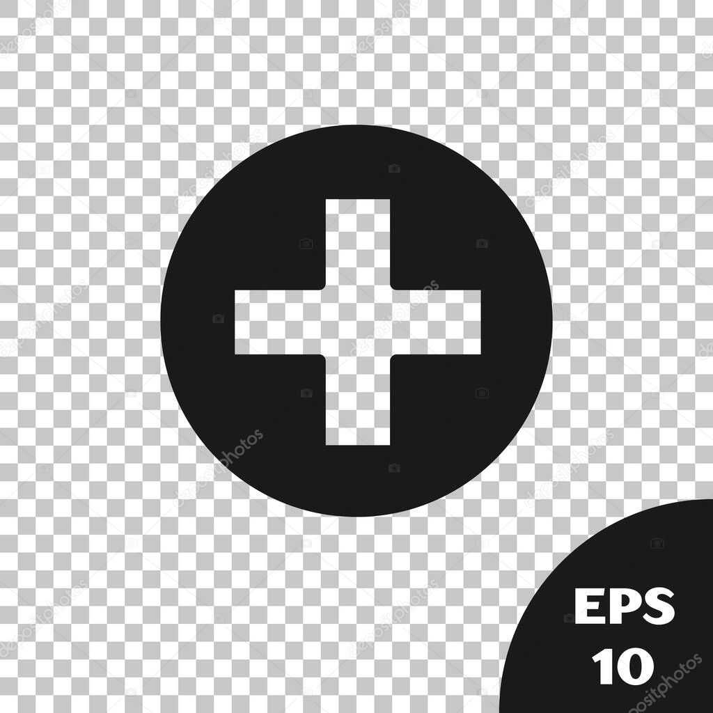 Black Cross hospital medical icon isolated on transparent background. First aid. Diagnostics symbol. Medicine and pharmacy sign.  Vector Illustration.