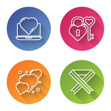 Online randevu uygulaması ve sohbeti, Castle ve anahtar kalp şeklinde, Kalp ve Göğüs kanseri farkındalığı kurdelesi. Renkli daire düğmesi. Vektör.