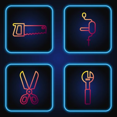 Hat ayarlanabilir anahtar, makas, el testeresi ve el matkabı. Renk simgeleri. Vektör.