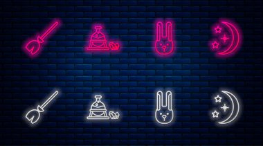 Cadı kazanı ve sihirli taş, kulaklı tavşan, cadı süpürgesi ve ay yıldızları. Tuğla duvarda parlayan neon simgesi. Vektör.