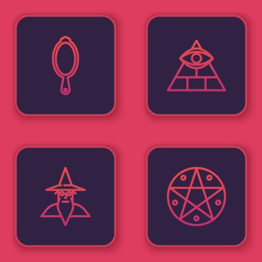 Sihirli el aynası, Büyücü Büyücü, Masonlar ve Pentagram 'ı daire içine alın. Mavi kare düğme. Vektör.