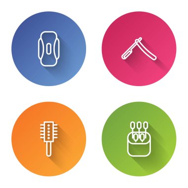 Hijyenik peçete, jilet, saç fırçası ve kulak için pamuk çubuğu. Renkli daire düğmesi. Vektör.