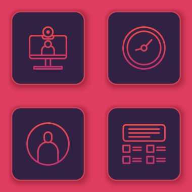 Satır çevrimiçi görüntülü sohbet konferansı, hesap ekranı, saat ve çevrimiçi sınav, test, araştırma oluştur. Mavi kare düğme. Vektör.