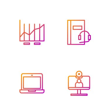 Çevrimiçi görüntülü sohbet konferansı, Laptop, Pasta grafiği bilgisi ve ses kitabı ayarla. Renk simgeleri. Vektör.