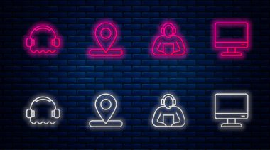 Satır konumunu, öğrenciyi, kulaklıkları ve bilgisayar monitörünü ayarla. Tuğla duvarda parlayan neon simgesi. Vektör.