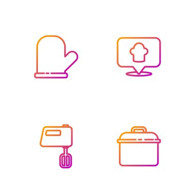 Hattı ayarla. Tencere, elektrikli mikser, fırın eldiveni ve konumu olan şef şapkası. Renk simgeleri. Vektör.