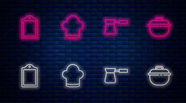 Şef şapkası, Türk kahvesi, kesme tahtası ve tencere. Tuğla duvarda parlayan neon simgesi. Vektör.