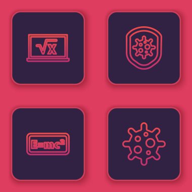 Çizgi kare kök x kabartması, denklem çözeltisi, virüs ve virüse karşı kalkan koruması. Mavi kare düğme. Vektör.