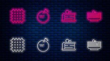 Apple, Pasta, Kraker ve Krepli Krepler. Tuğla duvarda parlayan neon simgesi. Vektör.