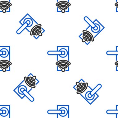 Beyaz arka planda izole edilmiş ikonu açmak için kablosuz teknolojiye sahip hat dijital kapı kilidi. Kapı kolu tabelası. Güvenlik akıllı ev. Renkli taslak konsepti. Vektör.