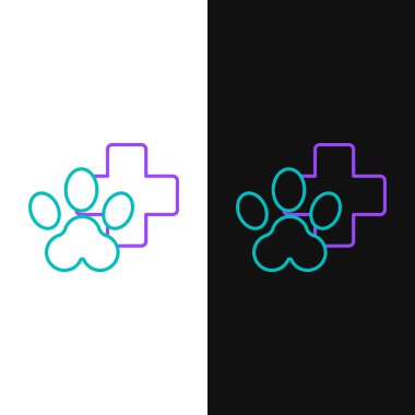 Çizgi Veteriner Kliniği sembolü beyaz ve siyah arkaplanda izole edilmiş. Çapraz hastane işareti. Stilize pati izi köpek ya da kedi. Evcil hayvan ilk yardım işareti. Renkli taslak konsepti. Vektör.