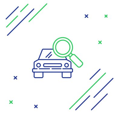 Çizgi Arabası arama simgesi beyaz arkaplanda izole edildi. Arabalı büyüteç. Renkli taslak konsepti. Vektör.