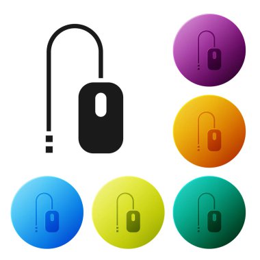 Siyah Bilgisayar fare simgesi beyaz arkaplanda izole edildi. Tekerlek sembollü optik. Simgeleri renk daire düğmelerine ayarla. Vektör İllüstrasyonu.