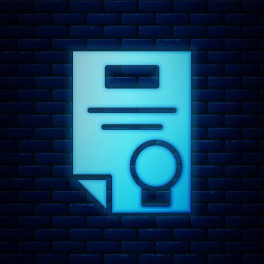 Parlayan neon sertifika şablon ikonu tuğla duvar arka planında izole edildi. Başarı, ödül, diploma, burs, diploma kavramları. Vektör İllüstrasyonu.
