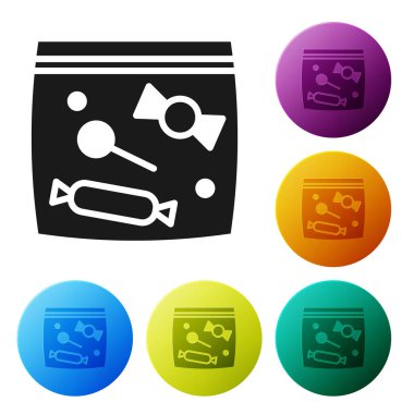 Şeker ikonu için siyah şeker ambalajı beyaz arka planda izole edildi. Şekerli çanta. Simgeleri renk daire düğmelerine ayarla. Vektör.
