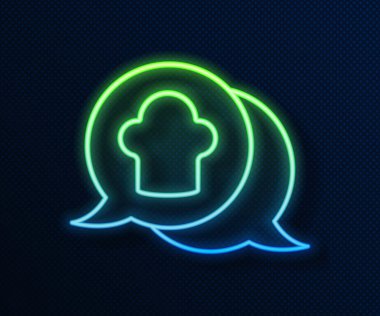 Parlak neon hattı Şef şapkası konuşma baloncuğu ikonu içinde mavi arkaplanda izole edildi. Aşçılık sembolü. Aşçı şapkası. Vektör.