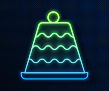 Parlayan neon hattı pasta simgesi mavi arkaplanda izole edildi. Doğum günün kutlu olsun. Vektör.