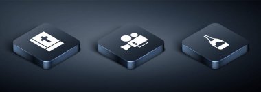 Isome 'ın kutsal kitap, şampanya şişesi ve sinema kamerası ikonunu ayarla. Vektör.