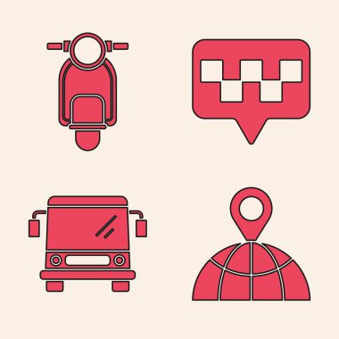Dünyanın konumunu, Scooter 'ı, harita işaretçisini taksi ve otobüs simgesiyle ayarla. Vektör.