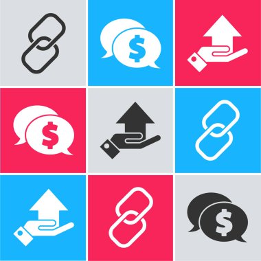 Zincir bağlantısını kur, dolar ve para ile konuşma baloncuğu yap. Vektör.