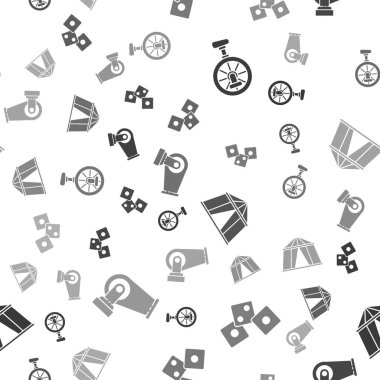 Tek tekerlekli bisikleti veya tek tekerlekli bisikleti, oyun zarlarını, sirk çadırını ve topunu pürüzsüz desene ayarlayın. Vektör.