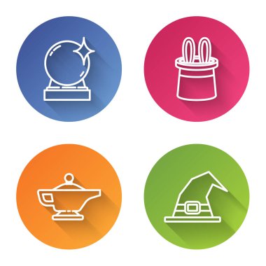 Sihirli top, sihirbaz şapkası ve tavşan kulağı, sihirli lamba ya da Alaaddin ve cadı şapkası. Renkli daire düğmesi. Vektör.