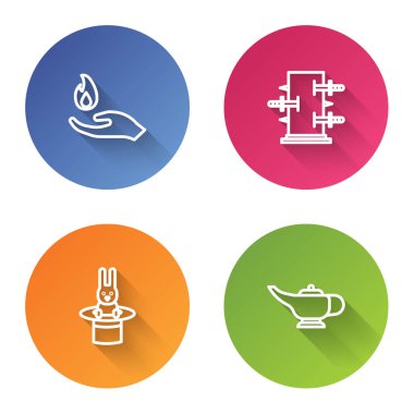 Hat El ateş tutuyordu, sihirbazlık numaraları için sandık, sihirbaz şapkası tavşanı ve lamba Aladdin. Renkli daire düğmesi. Vektör.