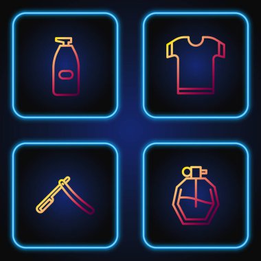 Parfüm, jilet, bir şişe sıvı antibakteriyel sabun ve tişört. Renk simgeleri. Vektör.