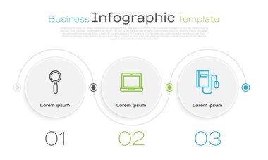 Çizgi büyüteç, dizüstü bilgisayar ve fareli elektronik kitap. Ticari bilgi şablonu. Vektör.