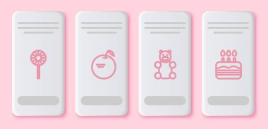 Hattı belirle, Lolipop, Apple, Jelly Bear şekeri ve yanan mumlarla birlikte kek. Beyaz dikdörtgen düğme. Vektör.