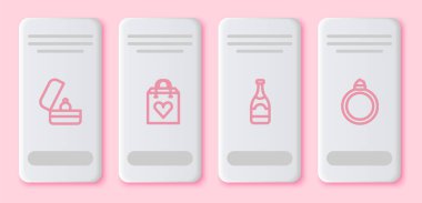 Sabit bir nişan yüzüğü, kalpli alışveriş çantası şampanya şişesi ve elmas nişan. Beyaz dikdörtgen düğme. Vektör.