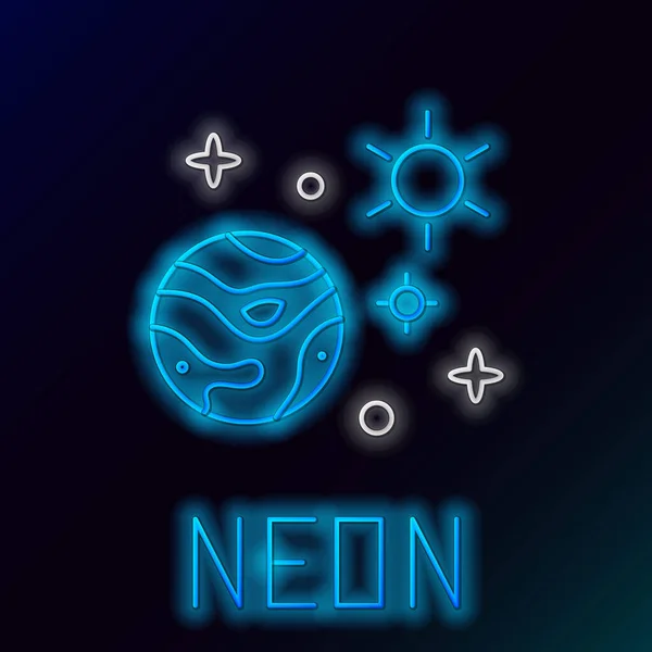 Világító Neon Vonal Tér Bolygó Ikon Elszigetelt Fekete Alapon Bolygók — Stock Vector