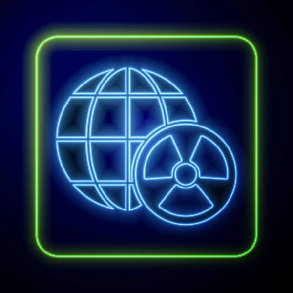 Gloeiende Neon Planeet Aarde Straling Symbool Pictogram Geïsoleerd Blauwe Achtergrond — Stockvector