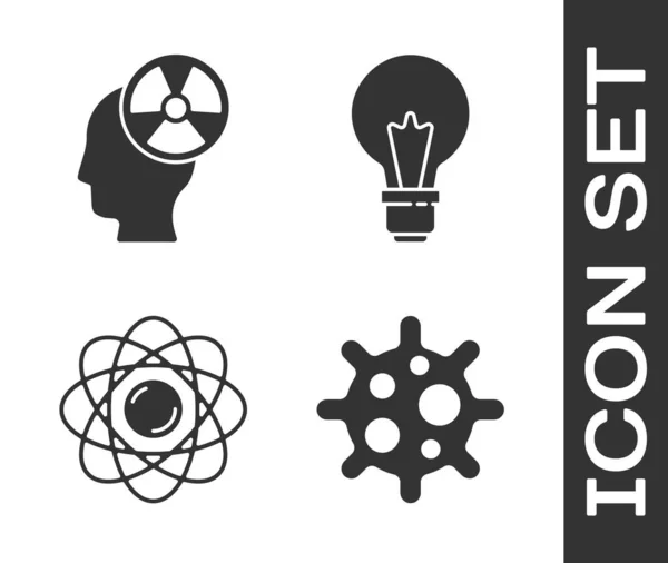 Set Virus Cabeza Símbolo Radiación Átomo Bombilla Con Concepto Icono — Archivo Imágenes Vectoriales