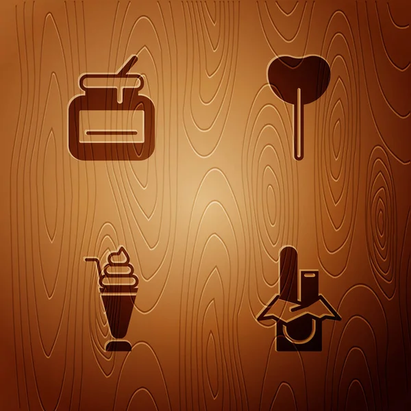 Set Chocolate Bar Jar Honey Milkshake Lollipop Wooden Background Vector — Stock Vector