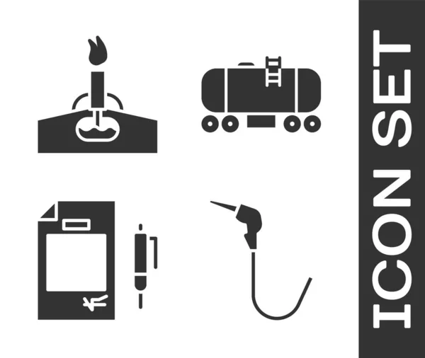 ガソリンポンプノズル 火災油リグ 契約金とペンと油鉄道のシスタンアイコンを設定します ベクトル — ストックベクタ