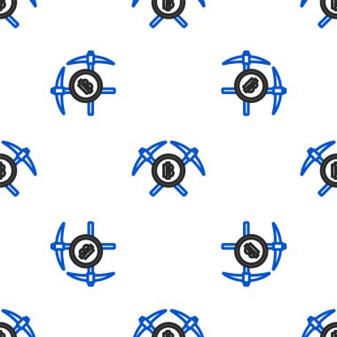 Çizgiyi aşan kazma simgesi beyaz arkaplanda izole edilmiş pürüzsüz desen. Engelleme teknolojisi, kripto para madenciliği, bitcoin, altsikkeler, dijital para piyasası. Renkli taslak konsepti. Vektör.