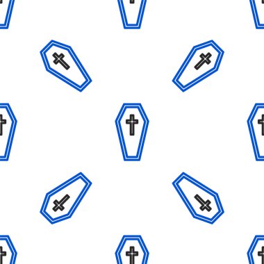 Çizgi Tabut ve Hıristiyan haç simgesi beyaz arka planda izole edilmiş kusursuz desen. Mutlu Cadılar Bayramı Partisi. Renkli taslak konsepti. Vektör.