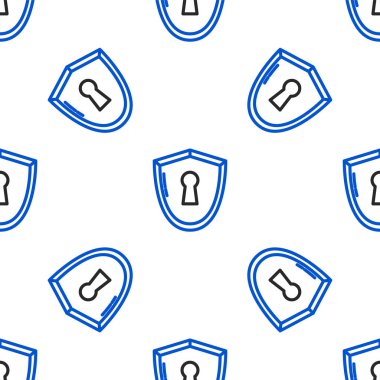 Anahtar deliği simgesine sahip çizgi kalkanı beyaz arkaplanda izole edilmiş. Koruma, güvenlik kavramı. Güvenlik rozeti ikonu. Mahremiyet bayrağı. Savunma etiketi. Renkli taslak konsepti. Vektör.