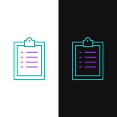 Kontrol listesi simgesine sahip satır panosu beyaz ve siyah arkaplanda izole edildi. Kontrol listesi sembolü. Anket anketi ya da anket geri bildirim formu. Renkli taslak konsepti. Vektör.