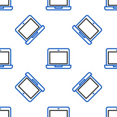 Çizgi dizüstü simgesi beyaz arkaplandaki kusursuz deseni izole etti. Boş ekran işaretli bilgisayar defteri. Renkli taslak konsepti. Vektör.