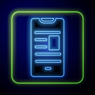 Mobil simge üzerine Parlayan neon çevrimiçi kitap mavi arkaplanda izole edildi. İnternet eğitimi konsepti, e-öğrenme kaynakları. Vektör İllüstrasyonu.