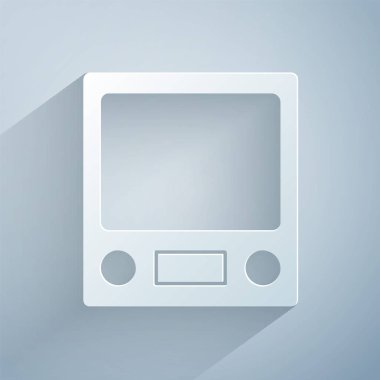 Kağıt kesiği Elektronik ölçek simgesi gri arkaplanda izole edildi. Ağırlık ölçüm aletleri. Kağıt sanatı tarzı. Vektör.