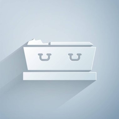 Kağıt kesiği açık tabut ve gri arka planda izole edilmiş ölü beden simgesi. Ölümden sonra cenaze. Cenaze için açık bir cenaze arabasında ceset. Kağıt sanatı tarzı. Vektör.
