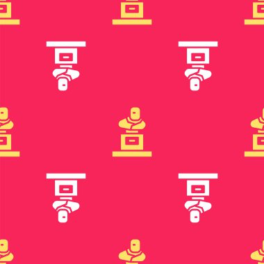 Mezar taşı simgesine sahip sarı mezar taşı kırmızı arka planda izole edilmiş kusursuz desen. Vektör.