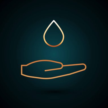 Altın çizgisi, koyu mavi arka planda izole edilmiş sabun ikonu ile ellerini yıkıyor. Virüs ve bakterileri önlemek için ellerini sabunla yıkıyorsun. Vektör İllüstrasyonu.