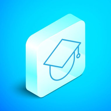 Isometric line Graduation cap üzerinde dünya ikonu mavi arka planda izole. Dünya eğitim sembolü. Çevrimiçi öğrenme ya da e-öğrenme kavramı. Gümüş kare düğme. Vektör İllüstrasyonu.