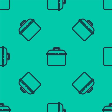 Mavi çizgili tencere ikonu yeşil arka planda izole edilmiş kusursuz desen. Haşlama ya da güveç besin sembolü. Vektör.