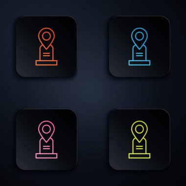 Renkli neon çizgisi konum mezar simgesi siyah arkaplanda izole edildi. Kare düğmelere simgeleri yerleştir. Vektör.