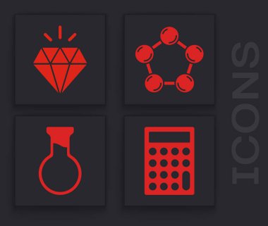 Hesap makinesini, elması, molekülü, test tüpünü ve şişe simgesini ayarla. Vektör.